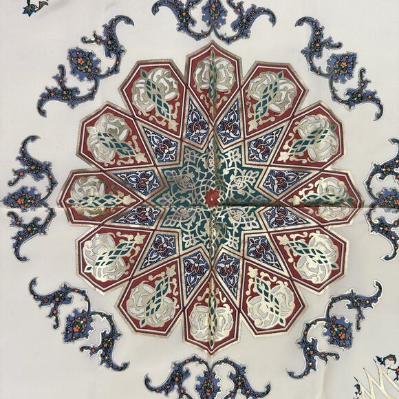 Vintage Piramit Silk Floral Scarf 33x33 Metallic Gold Classic Rolled Hem - Picture 5 of 7